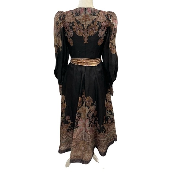 ZIMMERMANN Illustration Belted Printed Linen Silk Blend Organza Midi Dress Black - Picture 7 of 16